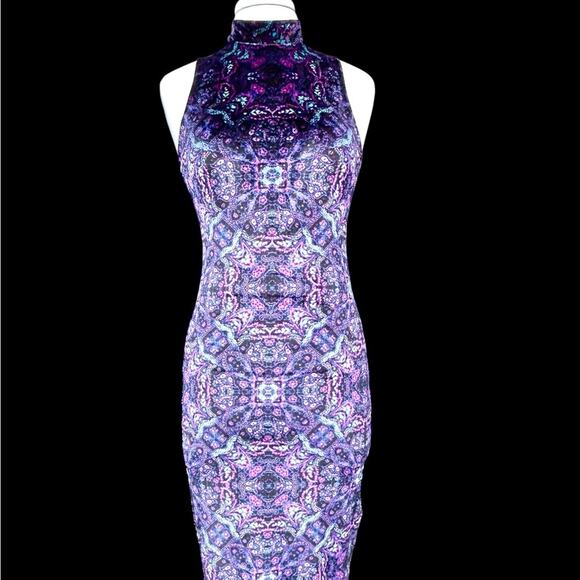 Bodycon Midi Dress Small Velvet Retro Revival 70s Psychedelic Backless High Neck - Picture 6 of 14